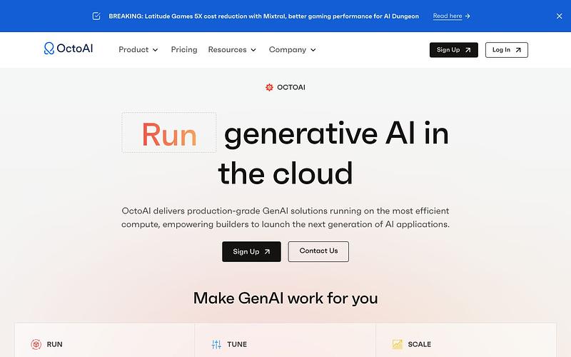 Screenshot of OctoAI webpage