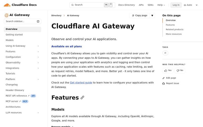 Screenshot of Cloudflare AI Gateway webpage