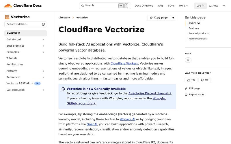 Screenshot of Cloudflare Vectorize webpage