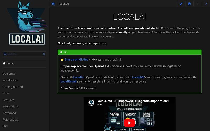 Screenshot of LocalAI webpage