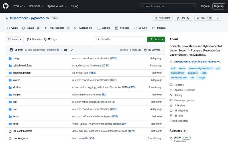 Screenshot of pgvecto.rs webpage