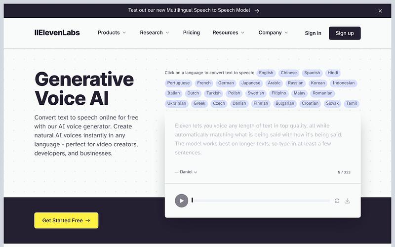 Screenshot of Eleven Labs webpage