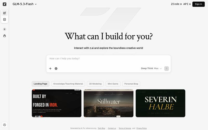 Screenshot of Z.ai webpage