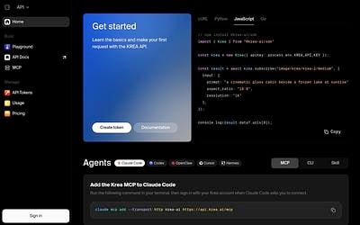 Screenshot of Krea API webpage