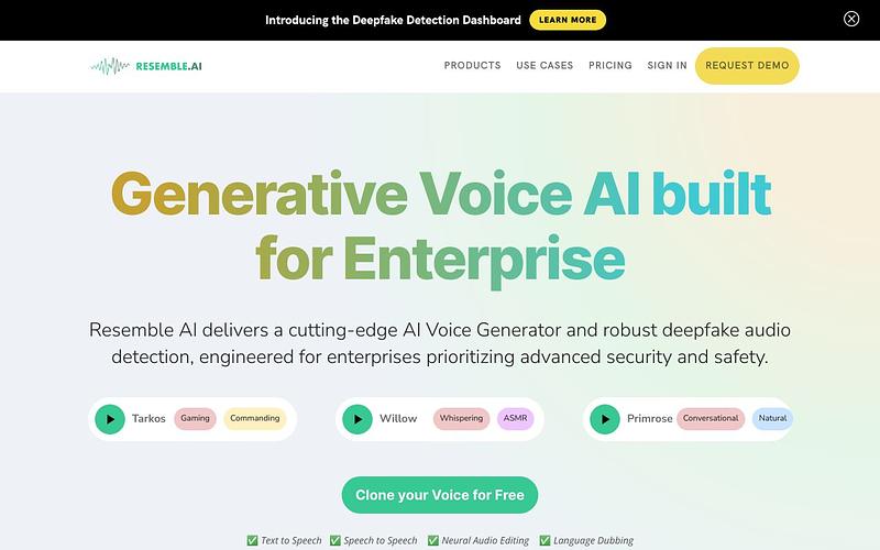 Screenshot of Resemble AI webpage