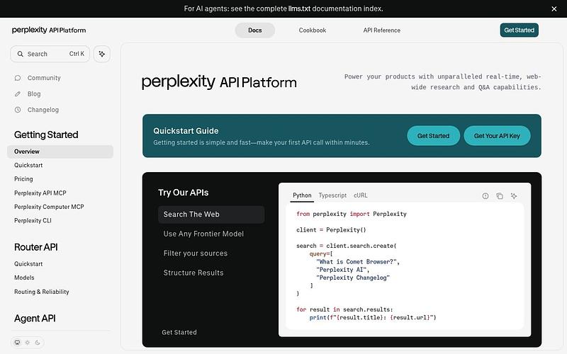 Screenshot of Perplexity API webpage