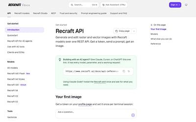Screenshot of Recraft API webpage