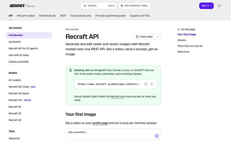 Screenshot of Recraft API webpage