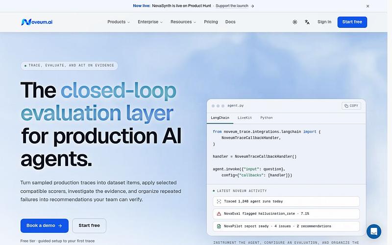 Screenshot of Noveum webpage