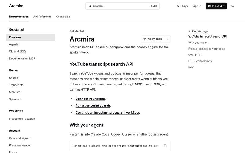 Screenshot of Arcmira webpage
